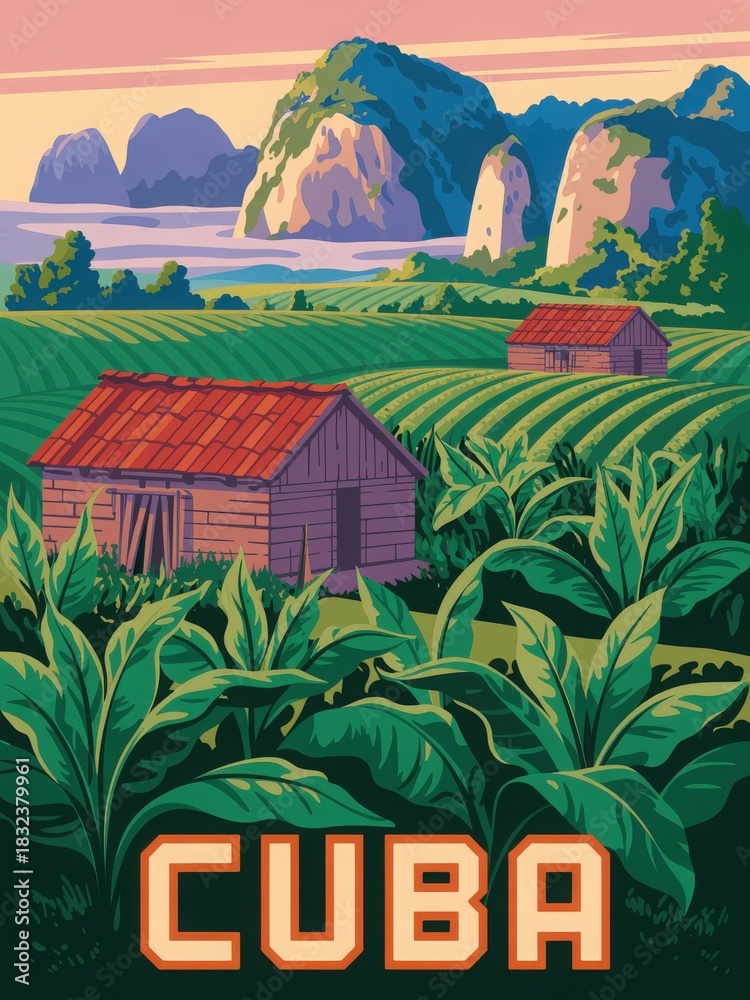 Tobacco fields stretch across the landscape in Cuba, featuring wooden huts nestled among lush green plants.