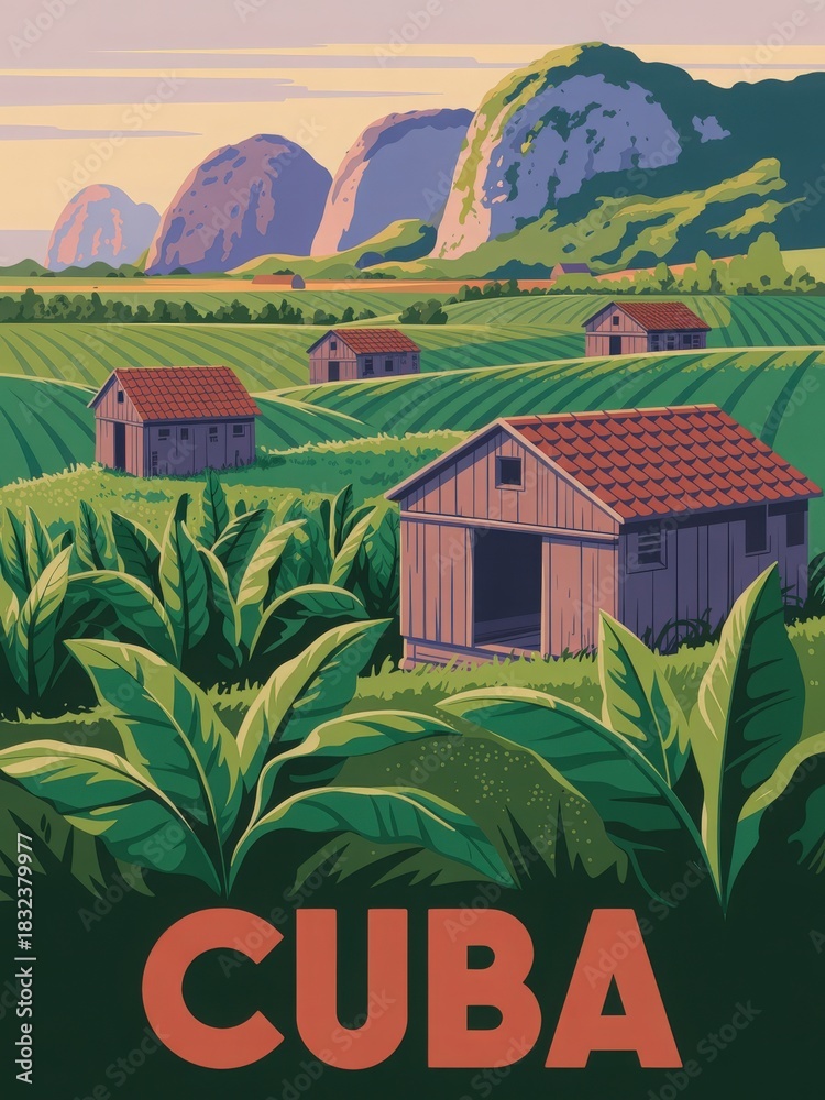 A serene Cuban landscape features traditional wooden cabins surrounded by vibrant green tobacco fields. Majestic mountains loom in the background under a soft sunset sky.