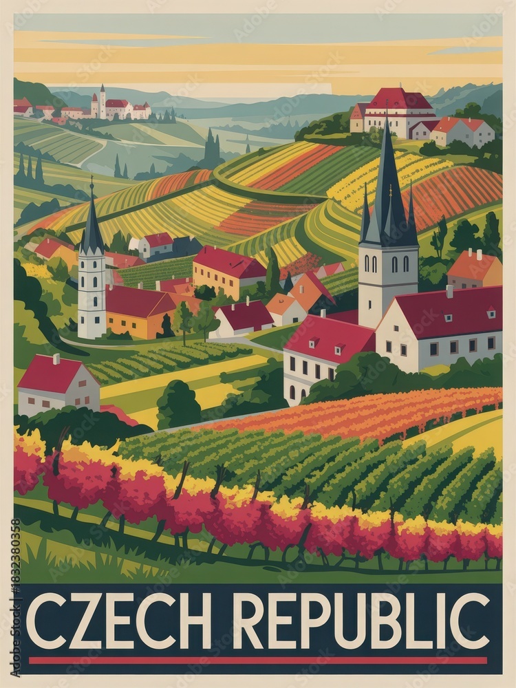 Rolling hills covered in vibrant vineyards showcase the beauty of the Czech Republic in autumn. Quaint villages with church spires add charm to the picturesque rural landscape.