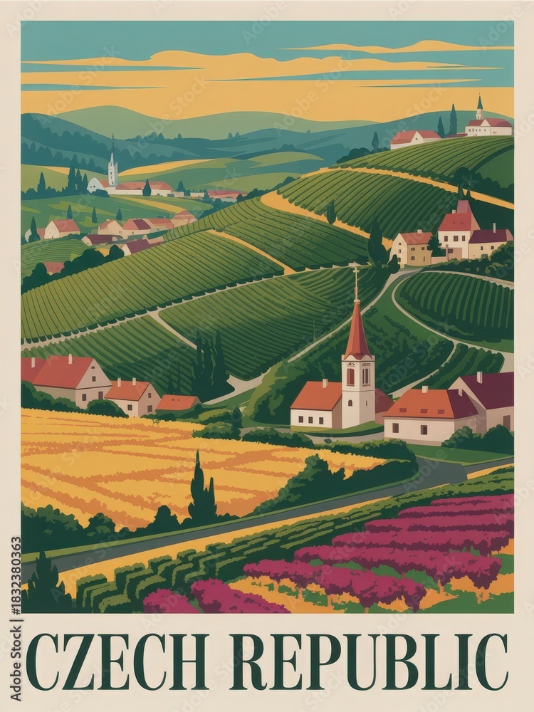 The lush hills of the Czech Republic, adorned with colorful vineyards and a charming village. A tall church steeple rises among the homes, set against a brilliant sky.