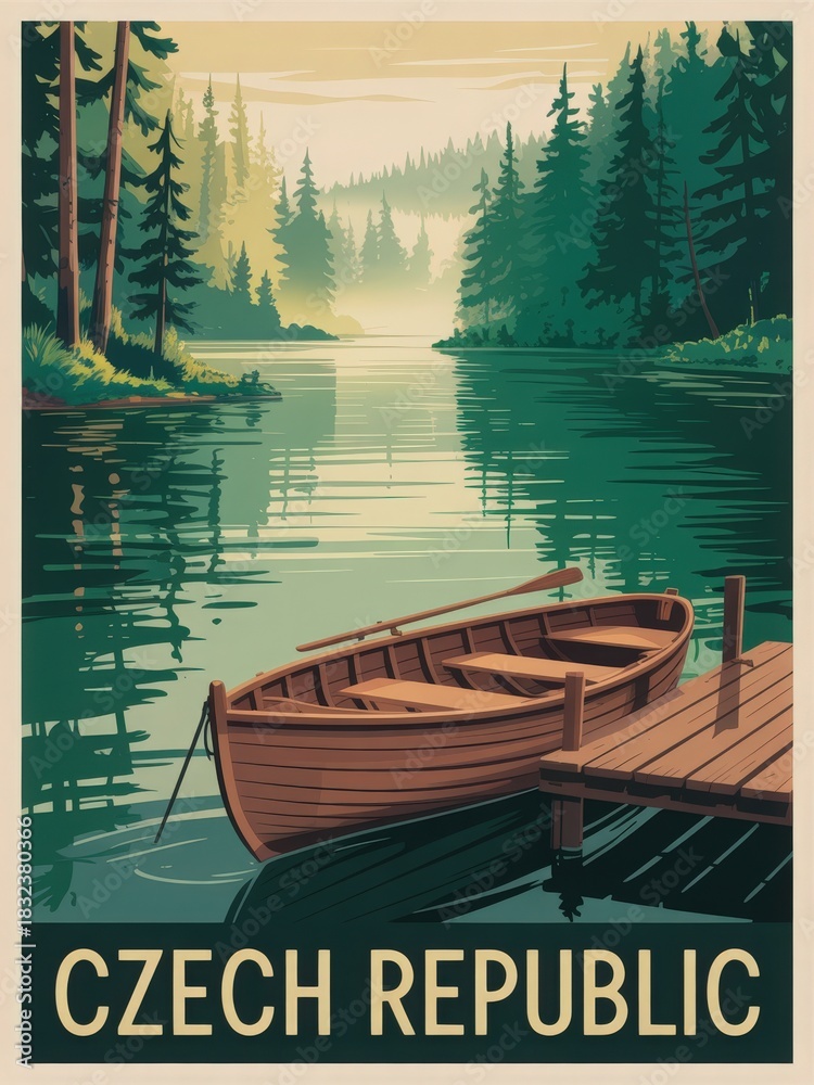 A wooden boat rests by a serene dock reflecting the tranquil waters of a forested lake in Czech Republic. The lush greenery surrounds the scene, creating a peaceful atmosphere.