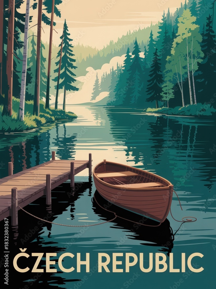 A wooden boat is tied to a dock at a peaceful lake in the Czech Republic. Lush green trees line the waters edge under a soft, warm sky. The scene radiates calm and natural beauty.