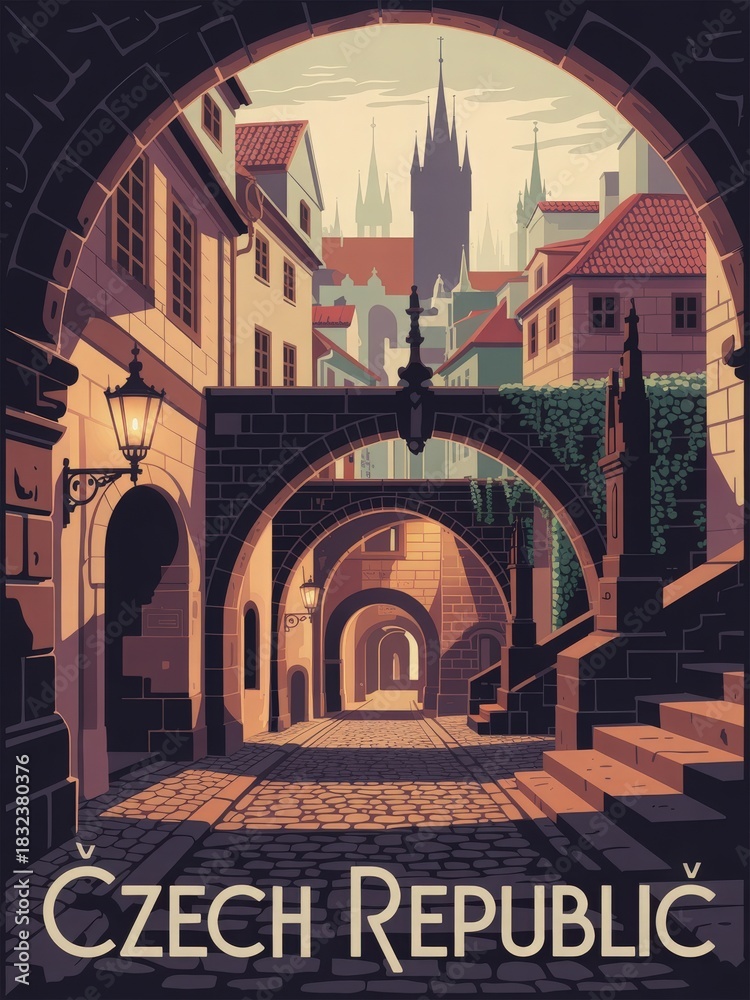 A peaceful street in Czech Republic showcases historic buildings, cobblestone pathways, and warm street lights.