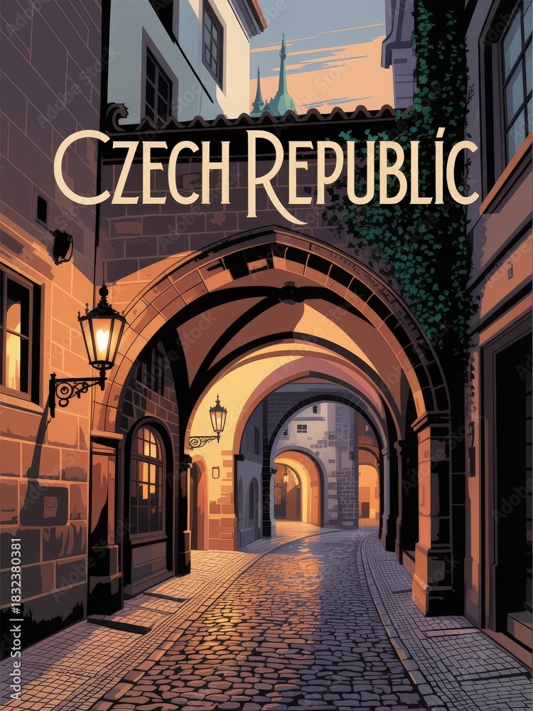 A picturesque street in the Czech Republic showcases historic architecture illuminated by soft lantern light. Cobblestone paths lead through charming arches, creating a cozy atmosphere at dusk.