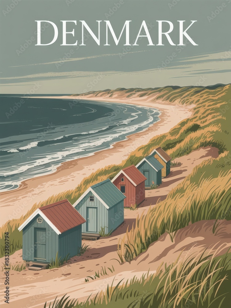 Colorful cabins line a sandy path beside the ocean in Denmark. Gentle waves lap at the shore, while tall grass sways in the breeze under a serene sky, creating a peaceful coastal scene.