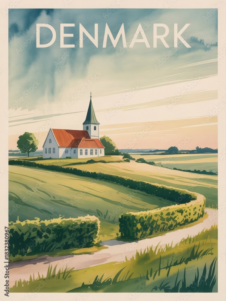 Scenic view of a charming church in Denmark surrounded by lush green fields. The sun sets in the background, casting warm light on the countryside. A pathway leads through the serene landscape.