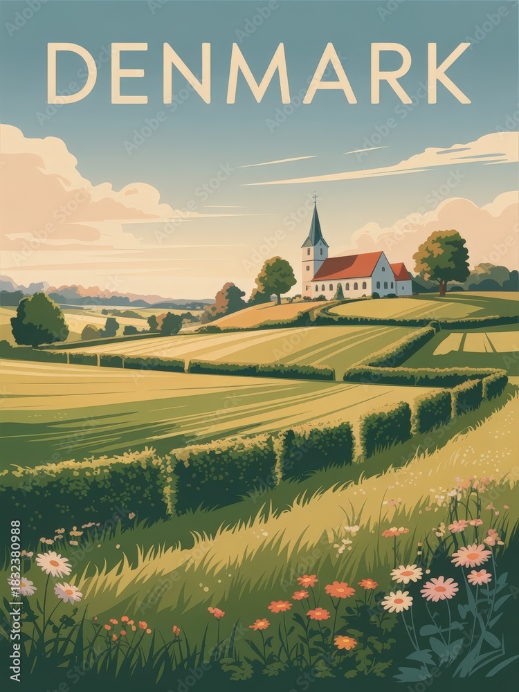 Scenic view of Danish countryside featuring green fields and hedgerows. A quaint church stands on a hill, surrounded by trees and colorful flowers under a soft evening sky.