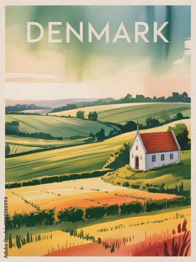 A picturesque view of the Danish countryside shows a small church surrounded by lush fields. Rolling hills and colorful crops stretch into the horizon under a clear sky.