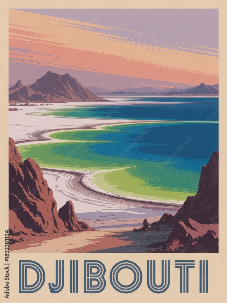 The stunning coastline of Djibouti, featuring bright blue, green, and white waters. Rocky mountains frame the shoreline, creating a striking view under a colorful sky.