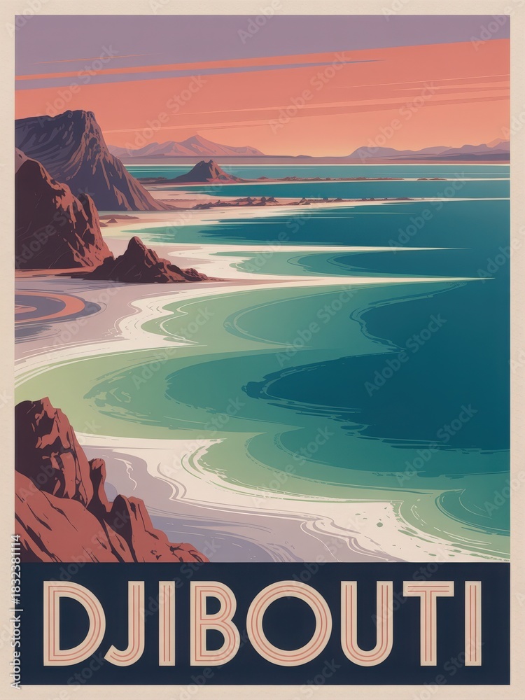 The stunning Djibouti coastline features cliffs and sandy beaches under a colorful sunset sky. Gentle waves lap against the shore, creating a tranquil atmosphere in this coastal paradise.