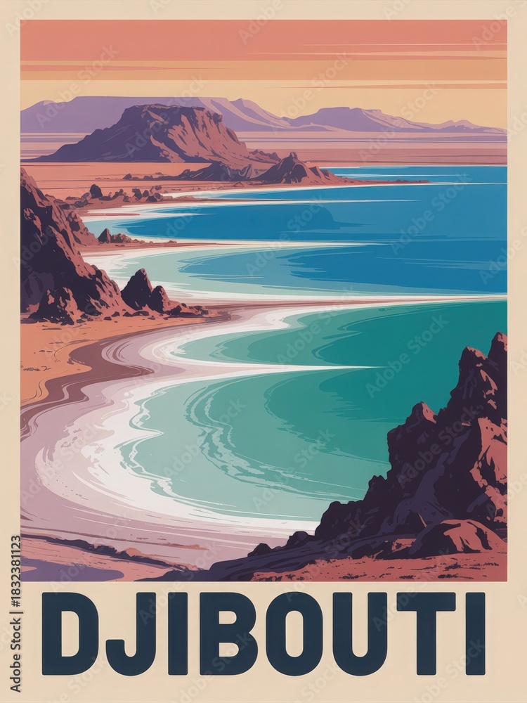 This vibrant scene captures the stunning coastline of Djibouti, featuring smooth beaches, clear turquoise waters, and rugged mountains in the background. The sunset colors create a warm atmosphere.
