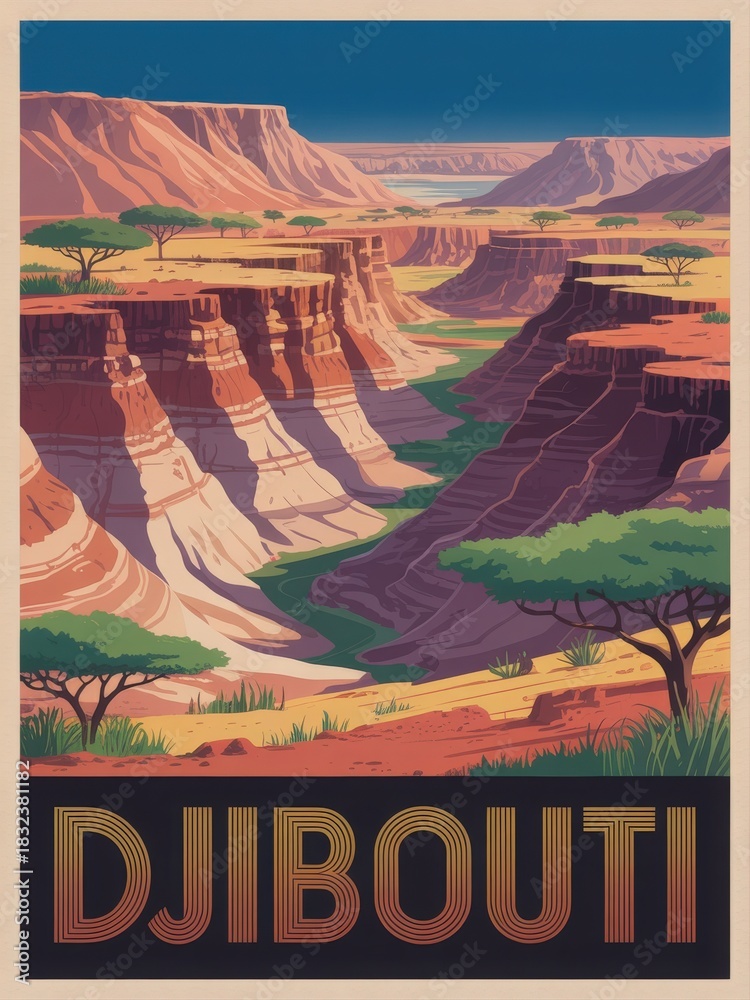 Stunning desert scene features towering canyons and a winding river surrounded by lush greenery in Djibouti. The vibrant colors of the landscape highlight the unique geological formations.