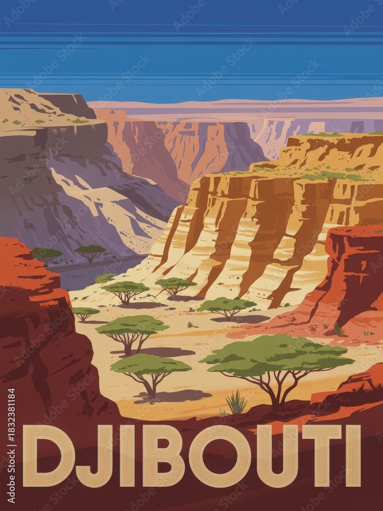 The landscape showcases the colorful cliffs of Djibouti under a bright blue sky, with acacia trees scattered across the sandy terrain. This scenic area highlights the regions natural beauty.