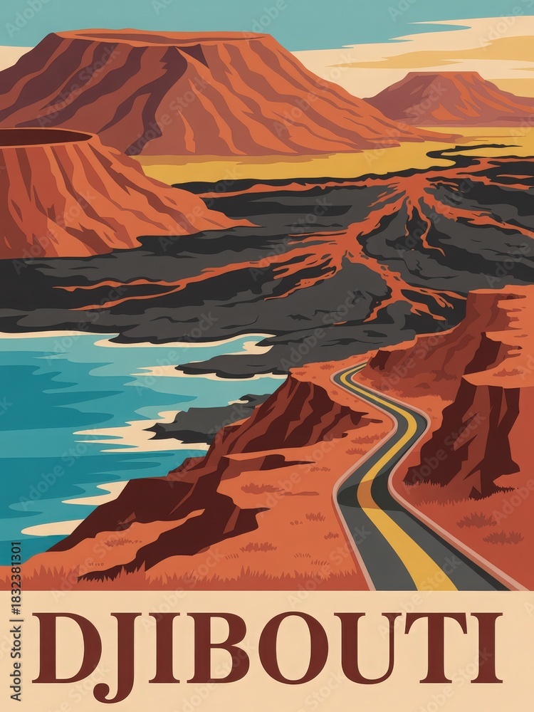 Vibrant landscape of Djibouti features dramatic red and brown hills, a winding road, and coastal blue waters. The scene captures the unique beauty of the region, highlighting its natural wonders.