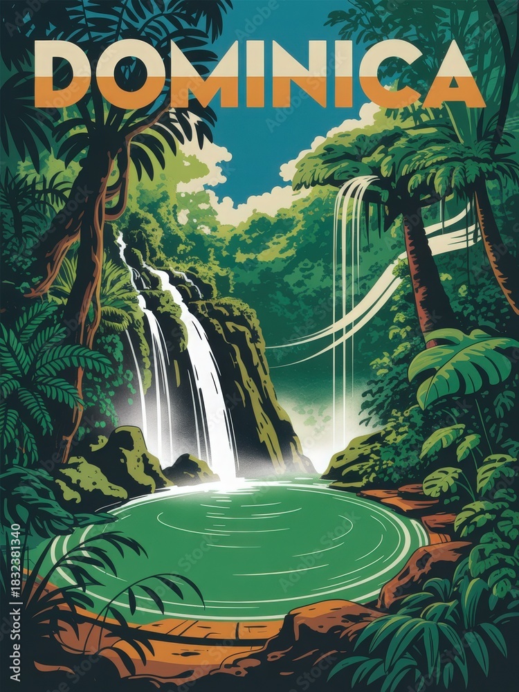 A vibrant scene showcases waterfalls cascading into a serene pool surrounded by dense tropical foliage in Dominica. Vegetation thrives under the sunlight, creating a lush paradise.