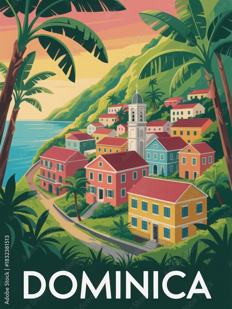 This scene showcases colorful houses nestled on a hillside in Dominica, surrounded by lush greenery. The coastline reflects the warm glow of the sunset, creating a serene atmosphere of the island.
