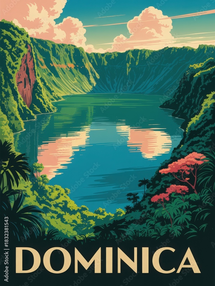 Lush mountains surround a tranquil lake in Dominica. The sky is filled with soft clouds, and vibrant plant life frames the scene. A peaceful atmosphere invites exploration or relaxation.