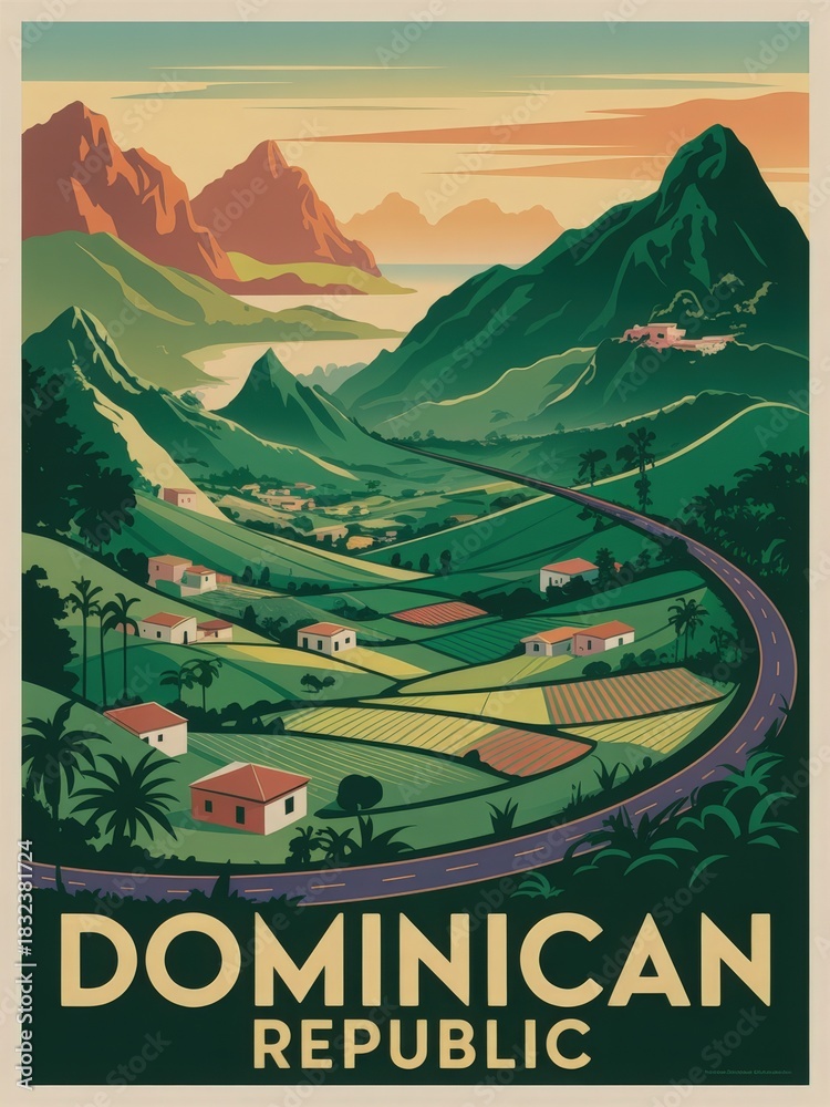 A vibrant landscape showcases rolling hills and valleys in the Dominican Republic. Below, small houses and farms dot the countryside, while mountains rise in the background, creating a serene view.