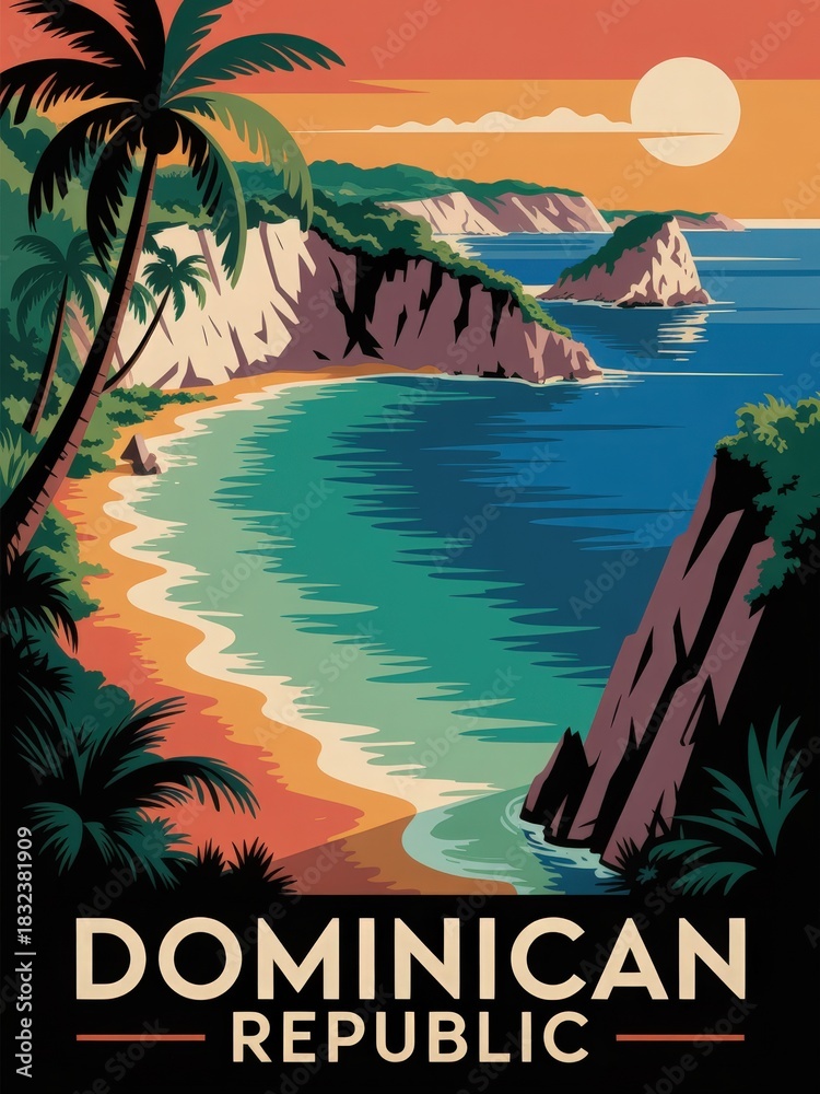 A stunning coastal scene in the Dominican Republic features golden sands, lush palm trees, and cliffs with the sun setting over the tranquil waters. This landscape highlights tropical paradise.