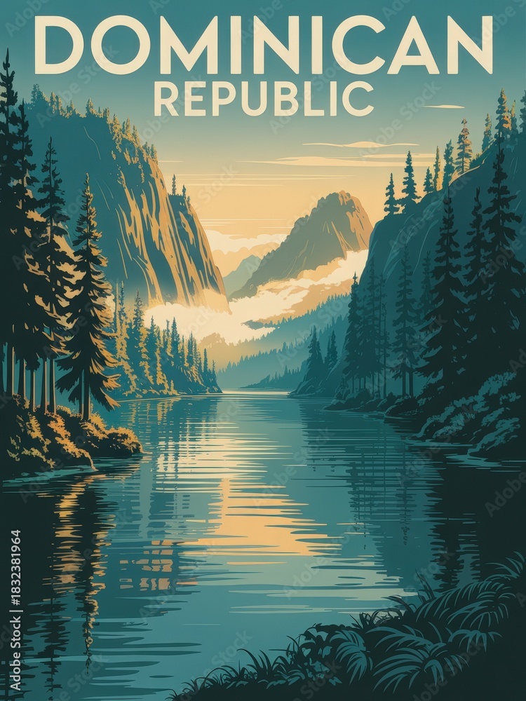 A calm river reflects the colors of the sunset, framed by tall trees and majestic mountains. Mist hovers above the water, creating a serene atmosphere in the Dominican Republic.