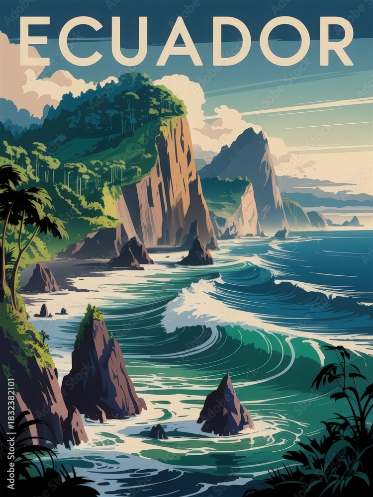 Breathtaking view of Ecuadors coastline featuring rocky cliffs, crashing waves, and vibrant green vegetation.