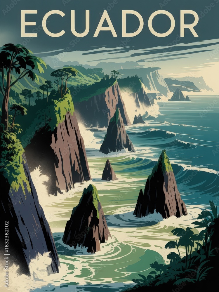 The breathtaking coastline of Ecuador with dramatic cliffs and lush greenery. Waves crash against the rocks under a clear sky, creating a serene and beautiful view.
