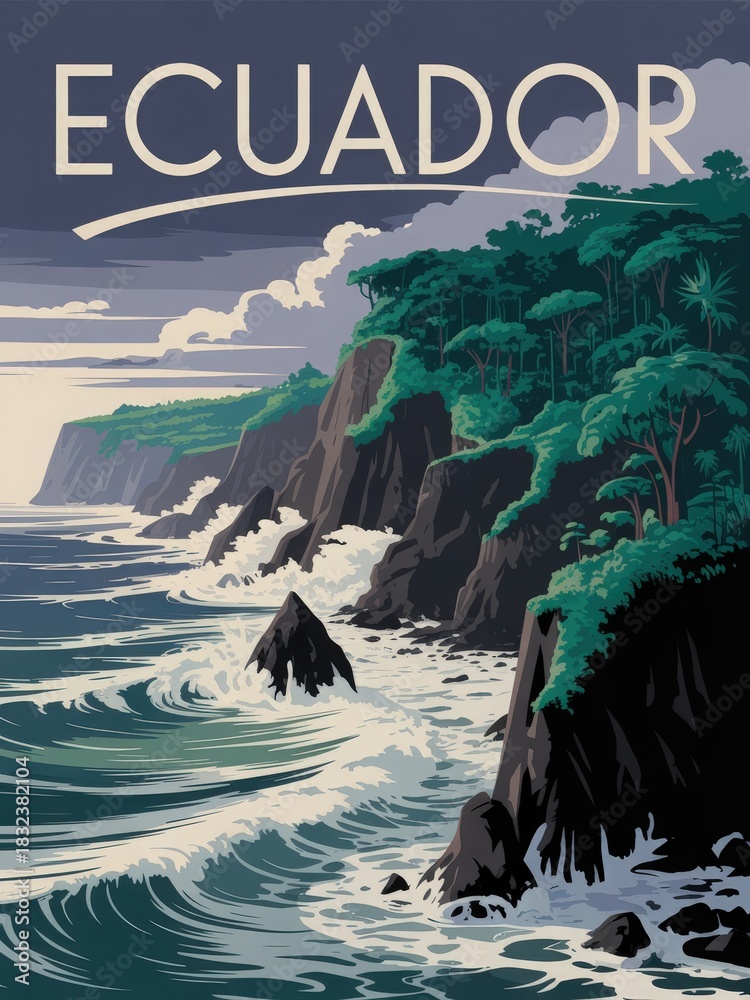Ecuadors coastline features rugged cliffs covered in vibrant vegetation. Waves crash against rocky formations under a dramatic sky, highlighting the natural beauty of the landscape during the day.