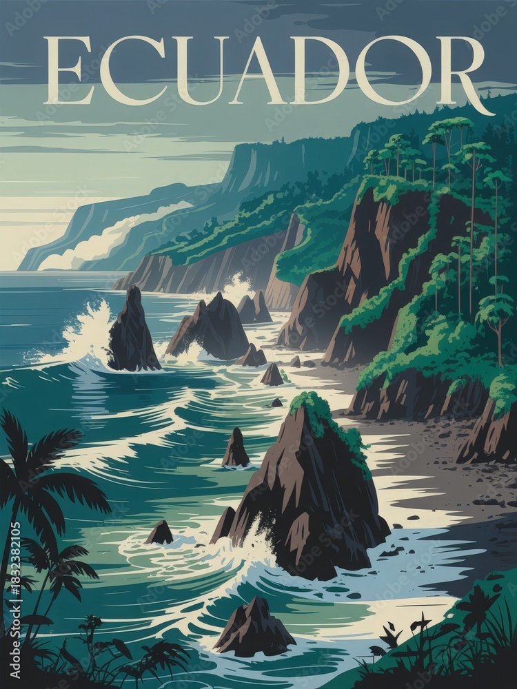 This scenic view captures the rugged cliffs and crashing waves of the Ecuadorian coast, showcasing lush greenery on the hillside. The landscape presents a tranquil yet dynamic atmosphere.