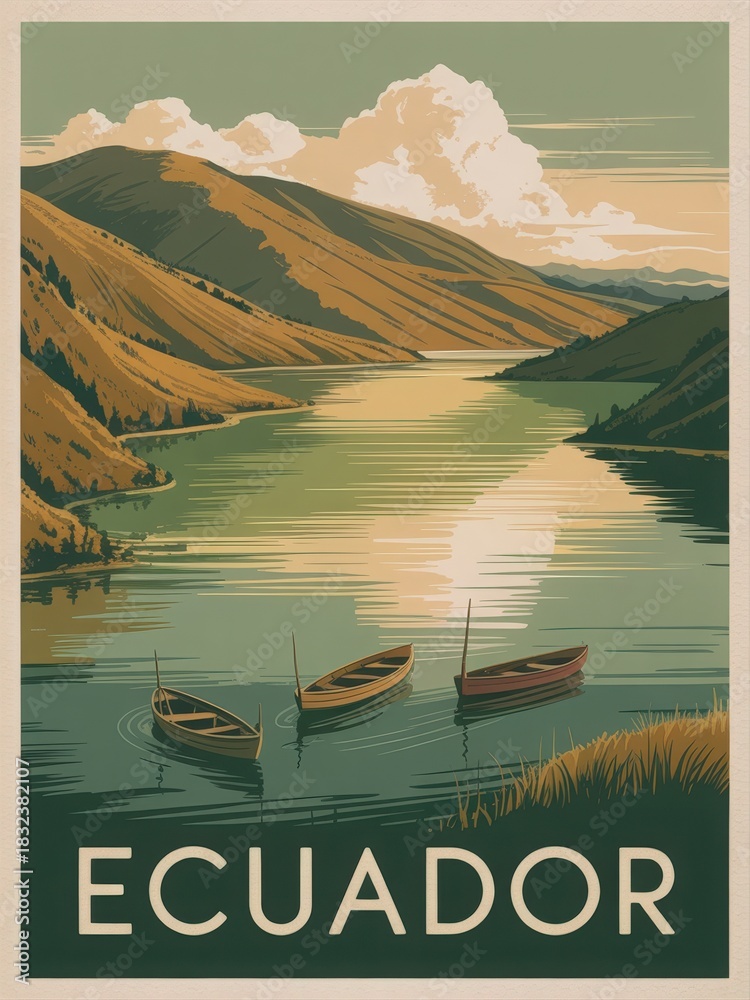 Serenity of Ecuadors riverside features several boats floating on calm waters, surrounded by majestic mountains and lush hills under a beautiful sky. This landscape captures natural beauty.