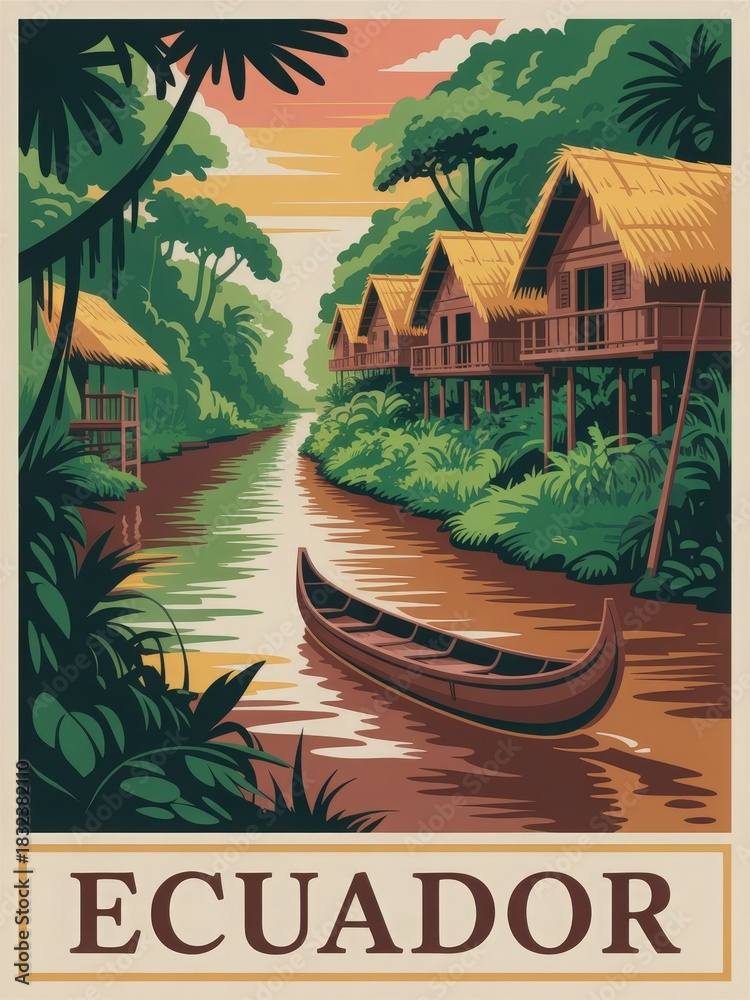Houses on stilts line the banks of a serene river in Ecuadors Amazon. Lush greenery surrounds the area, reflecting the warm colors of the sunset on the water. A canoe adds to the tranquil scene.