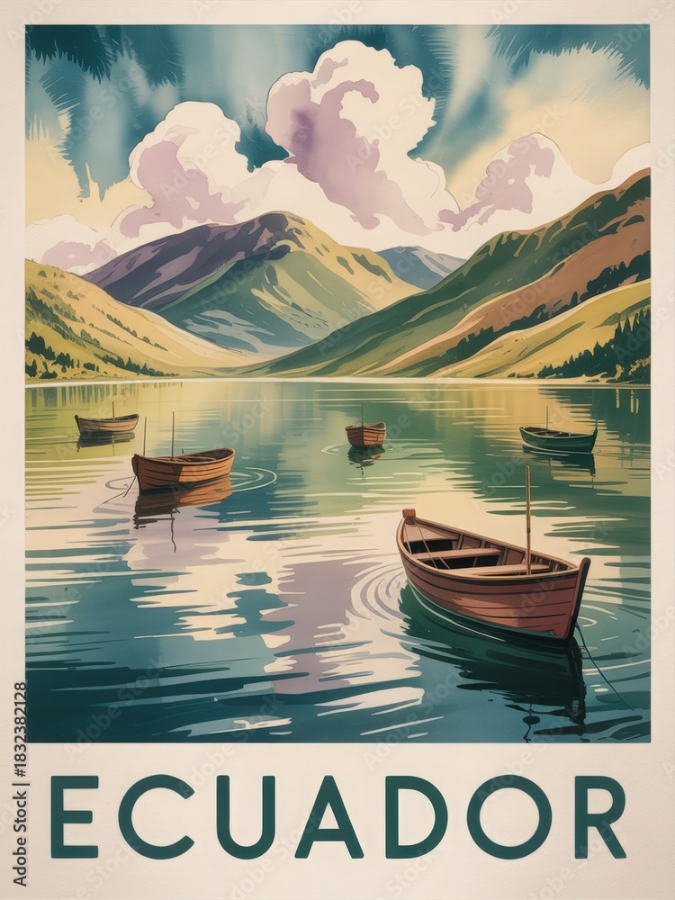 A serene lake in Ecuador reflects stunning mountains under a blue sky. Wooden boats float gently on calm waters, showcasing the natural beauty and tranquility of the landscape.