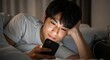 © twilight mist - Young adult man relaxes in bed while engaging with a handheld electronic device in low light