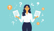 © Sardi - Young professional woman holding two documents, facing a difficult choice and weighing her options with surrounding question marks and symbols