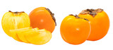 photograph of whole ripe orange persimmon fruits and several bright yellow sliced pieces isolated on a transparent background.