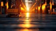 © riska - A forklift is positioned in a warehouse, with the warm glow of the sunset illuminating the scene.