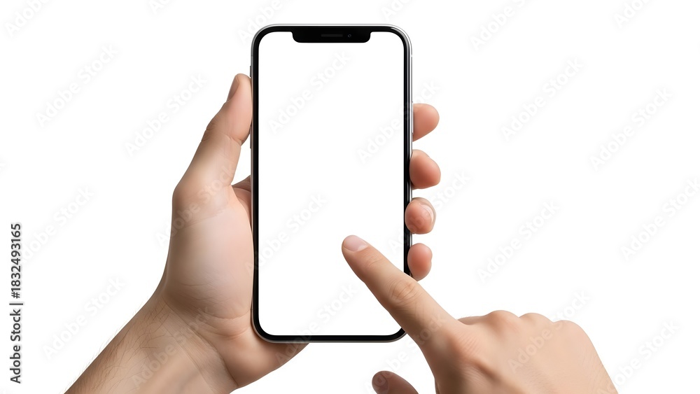 hands holding a modern smartphone with a blank white screen, perfect ...