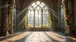 © Fathia A.M. - Sunlight rays shining through ornate gothic cathedral window, interior with climbing roses, majestic space