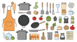 © FarzanaAkter - A comprehensive collection of kitchen and cooking equipment icons, including pots, pans, utensils, and fresh ingredients for culinary designs.