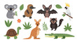 © Lyman Merrick - A collection of cute cartoon Australian animals including a koala kangaroo platypus and crocodile with tropical leaves.