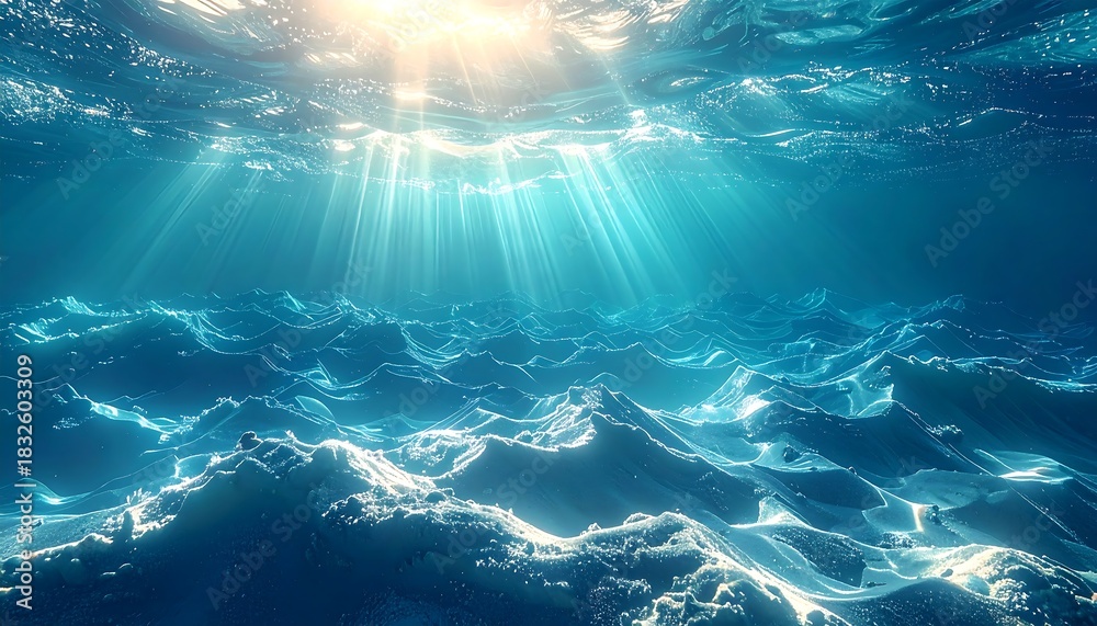 Submerged view with rays of sunlight piercing the deep ocean Stock ...