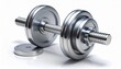 © Line - Polished metal dumbbell on white background.