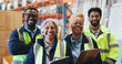 © SiphosethuFan/peopleimages.com - Warehouse, team and portrait of happy people with logistics workers, supply chain or about us. Distribution, smile and group of employees in industry with pride, tablet or clipboard for collaboration
