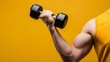 © adhotds23 - Muscular Arm Holding Dumbbell with Flexed Bicep Against Yellow Background