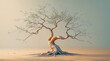 © Shilitha - Artistic rendering of a serene tree with slender branches stretching upwards and robust roots digging deep into the earth, depicted in a minimalist photo style with a muted color palette, soft focus,
