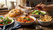 © akbaramrulh15 - Delicious homemade Italian pasta with tomato sauce, fresh salads, and creamy hummus on a rustic wooden table, perfect for a healthy family meal