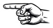 © Maestro - Graphic black and white hand pointing finger symbol for direction guidance warning or indication in digital media and print projects
