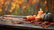 © hao - Autumn pumpkins and candles create warm, inviting atmosphere on rustic wooden table, surrounded by colorful leaves and blurred forest background. High quality