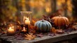 © hao - Autumn pumpkins and candles create warm, inviting atmosphere on rustic wooden table, surrounded by colorful leaves and blurred forest background. High quality
