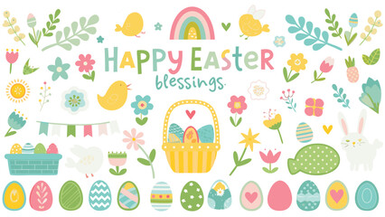 Naklejka na meble Happy easter blessings with cute chicks bunnies colorful eggs flowers rainbow and spring decorations on a white background