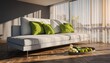 © Graph Squad - Modern Living Room with Natural Sunlight: A contemporary living space bathed in natural light, featuring a sleek sofa adorned with vibrant cushions, complemented by a tray of fruit and flowers.